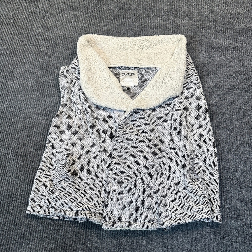 Cavalini Sweater Collection Knit Vest L Black White Faux Shearling Collar